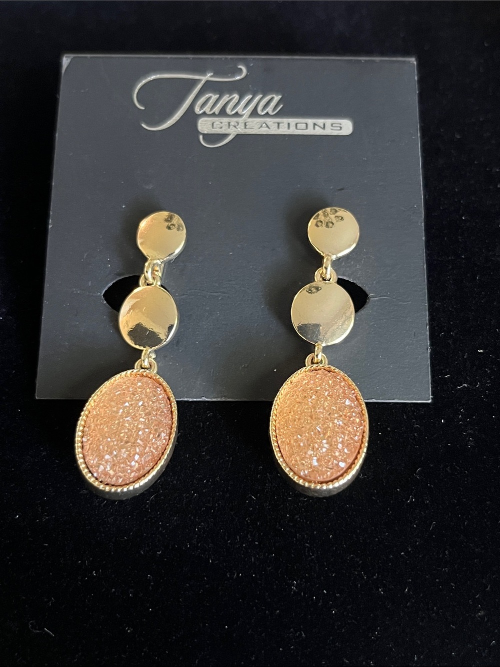 Gold Drop Earrings with Peach Druzy Ovals